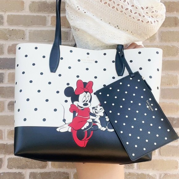 Kate Spade X Disney Minnie Mouse & Figaro White Polka Dot Leather Tote Handbag - Picture 5 of 5